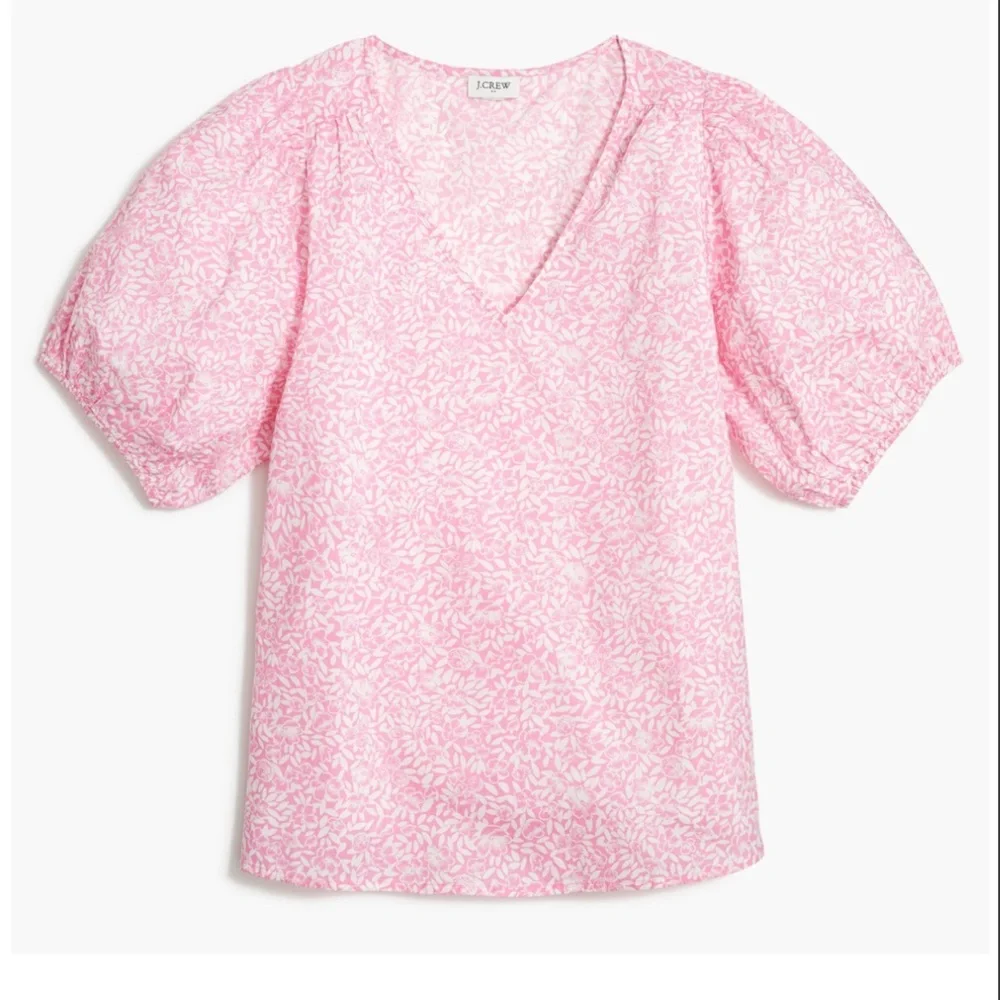 J. Crew | Cotton V-Neck Puff-Sleeve Floral Women Pink/White Blouse Large
